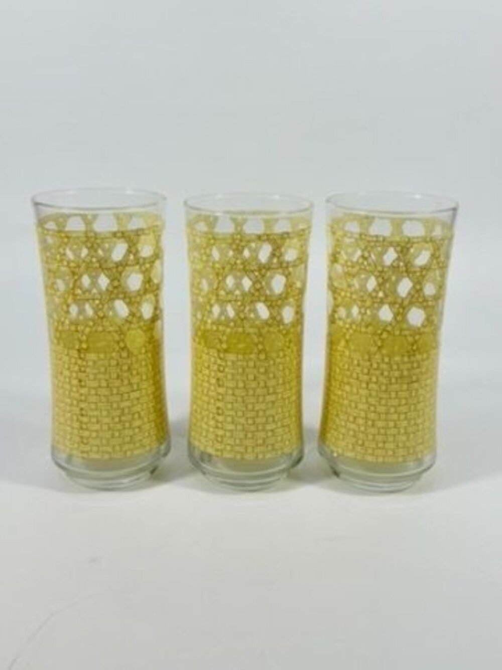 Drinking Ice Tea Water Glasses Set 3 Libbey Woven Cane Rattan Bamboo Vintage - Picture 2 of 14